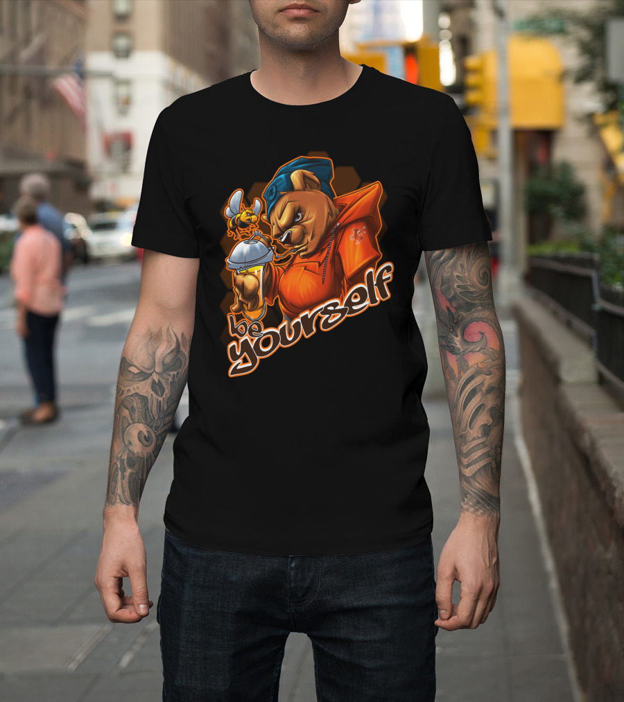 Bear Holding Honey Drink with Bee and Be Yourself Text T-Shirt