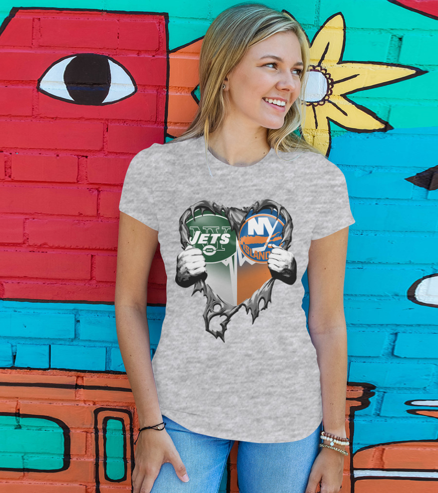 Jets Islanders Heart Rip Torn Metal Hands T-Shirt