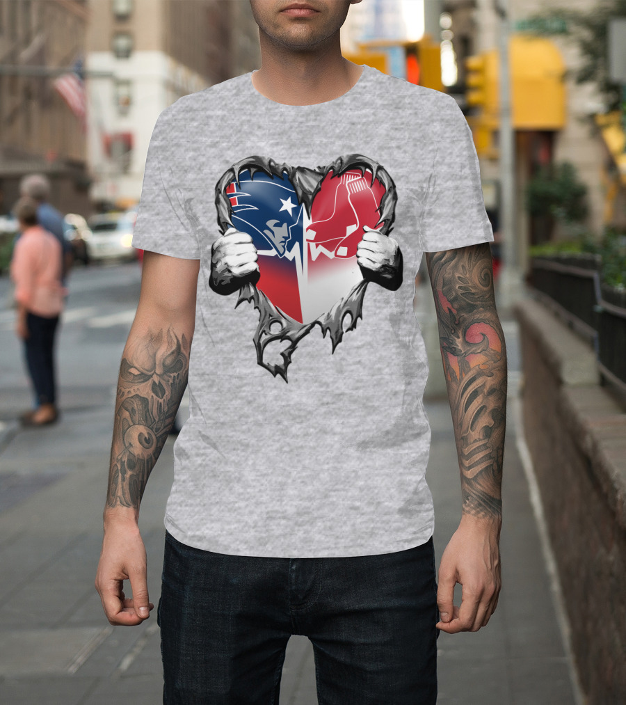 Patriots And Red Sox Heart Design With Torn Metal Effect T-Shirt