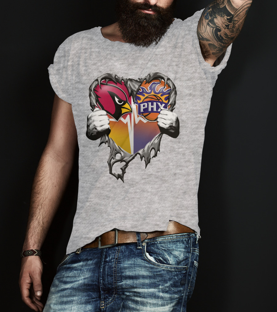 Arizona Cardinals And Phoenix Suns Heart Symbol With Torn Metal Effect T-Shirt