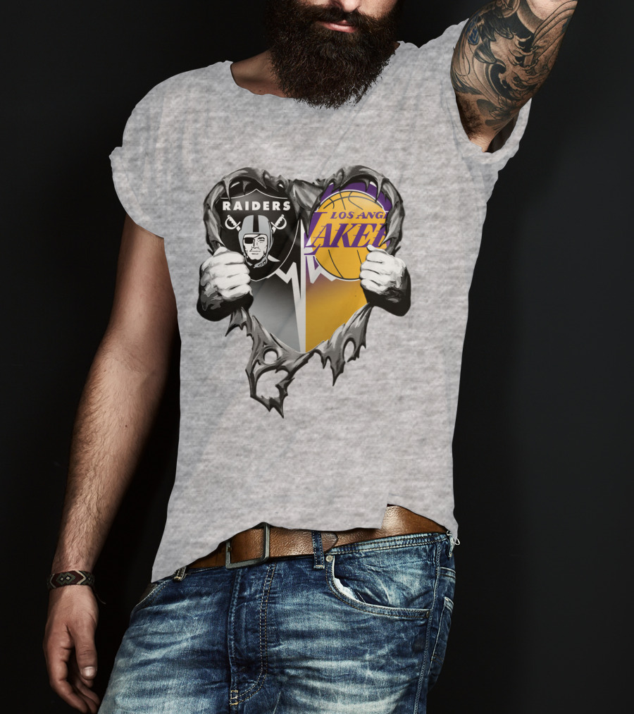 Raiders Los Angeles Lakers Heart Logo Tear T-Shirt