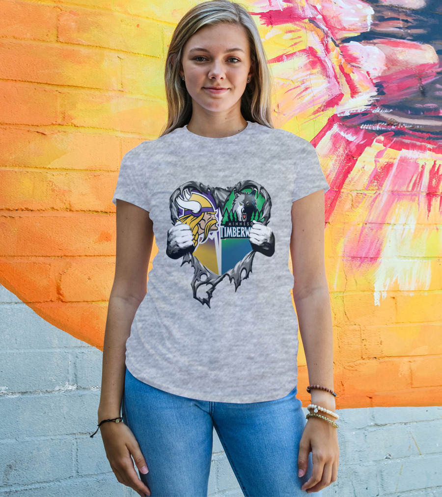 Minnesota Vikings Minnesota Timberwolves Heart Logo Mashup T-Shirt