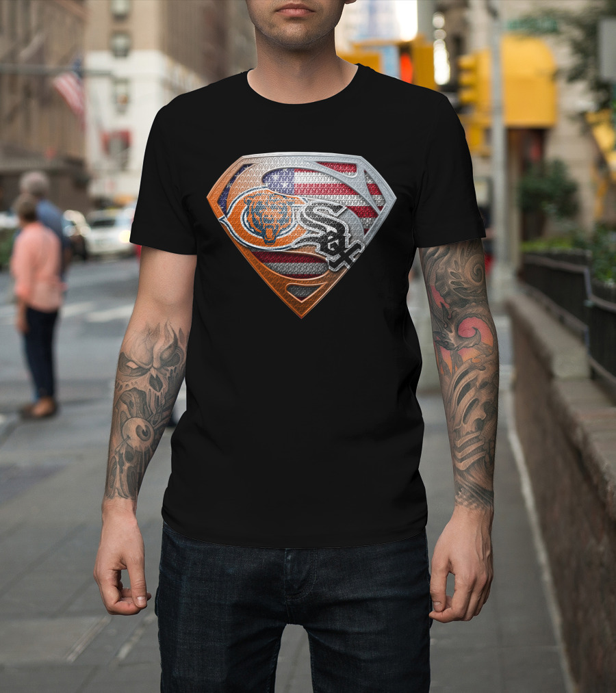 Chicago Bears White Sox American Flag Superman Shield T-Shirt