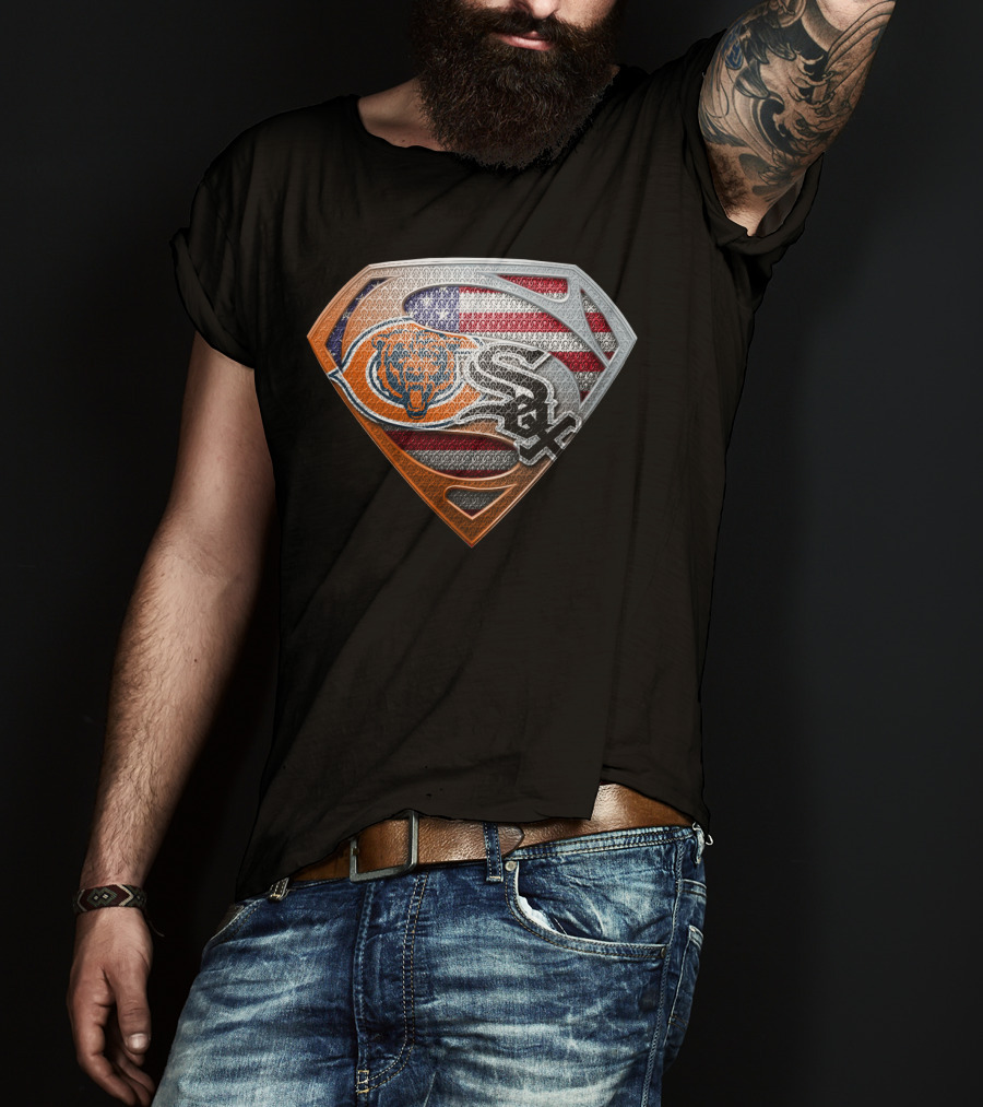 Chicago Bears White Sox American Flag Superman Shield T-Shirt