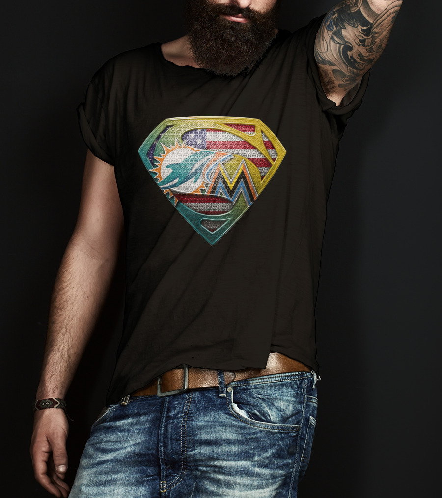 Miami Dolphins Marlins American Flag Superman T-Shirt