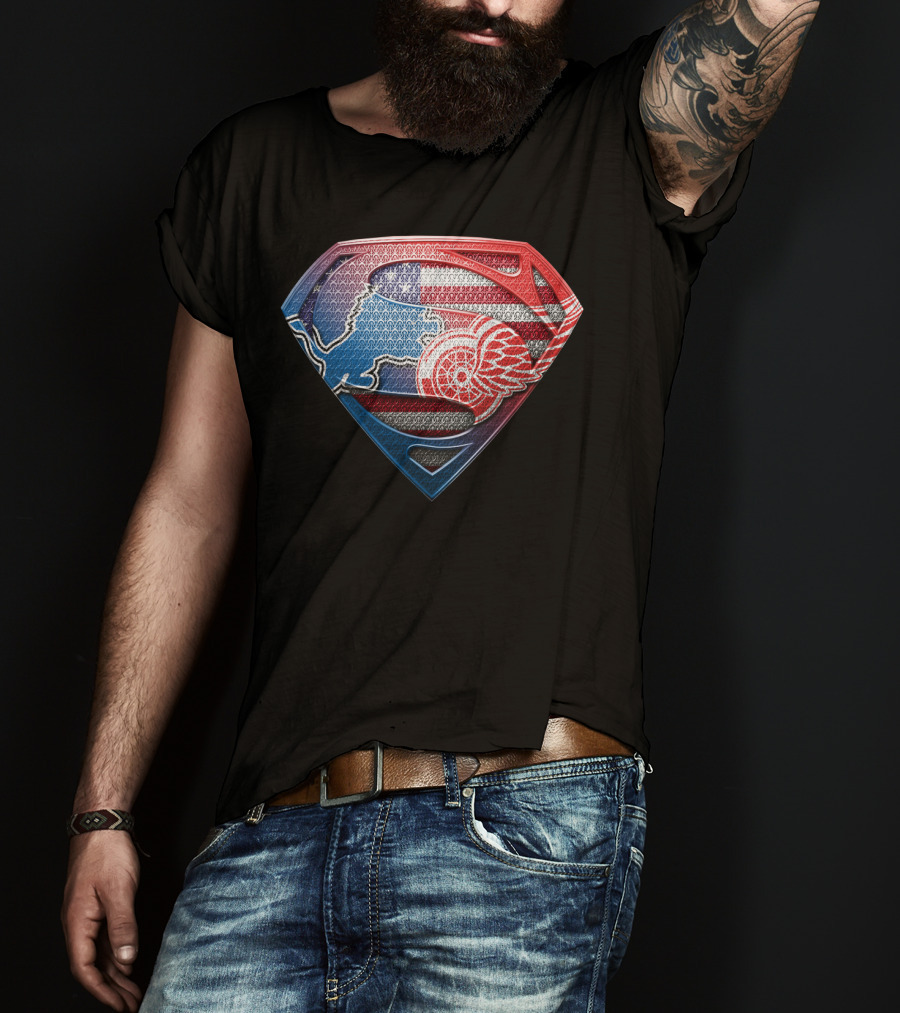 Superman Detroit Lions And Red Wings American Flag T-Shirt