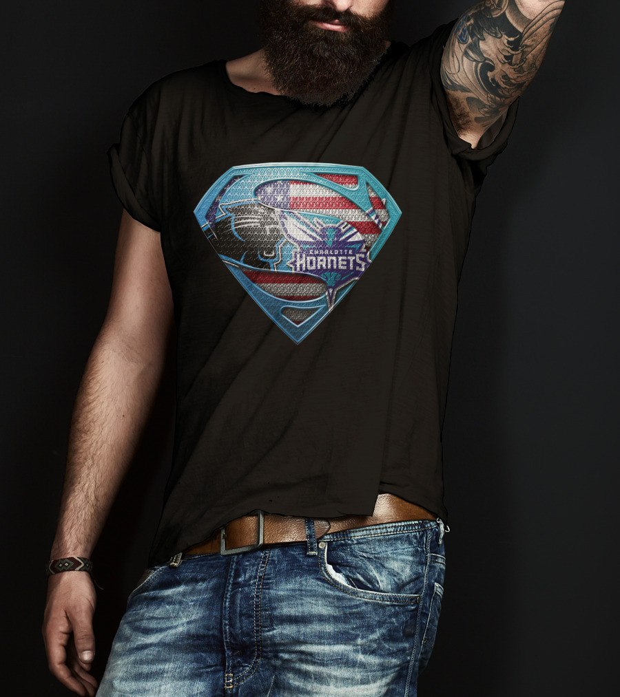 Carolina Panthers Charlotte Hornets American Flag Superman Shield T-Shirt