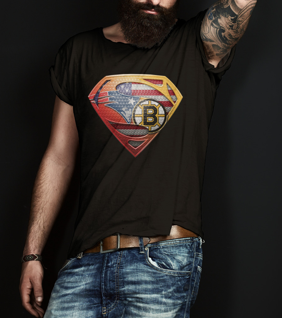 Superman Shield American Flag Boston Bruins New England Patriots T-Shirt