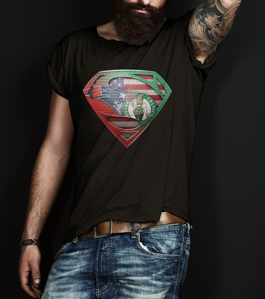 Superman Shield With Boston Celtics Logo And American Flag T-Shirt