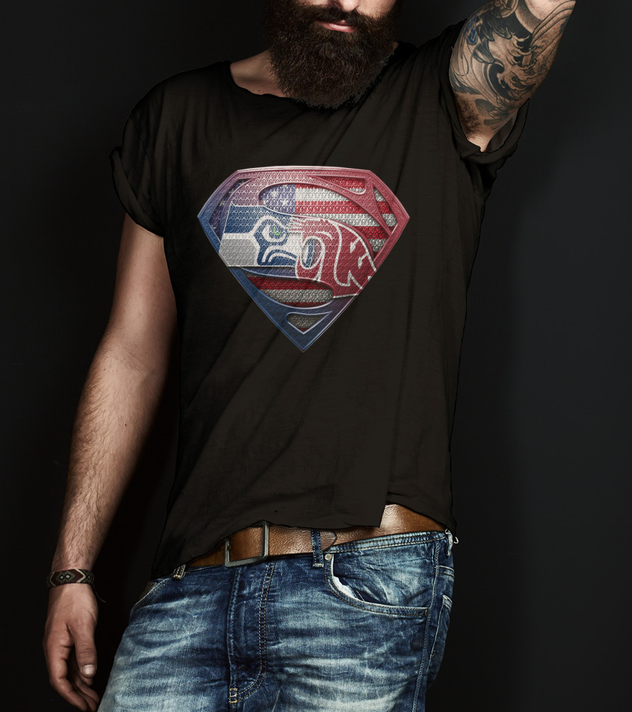 Superman Seahawks Patriots American Flag T-Shirt