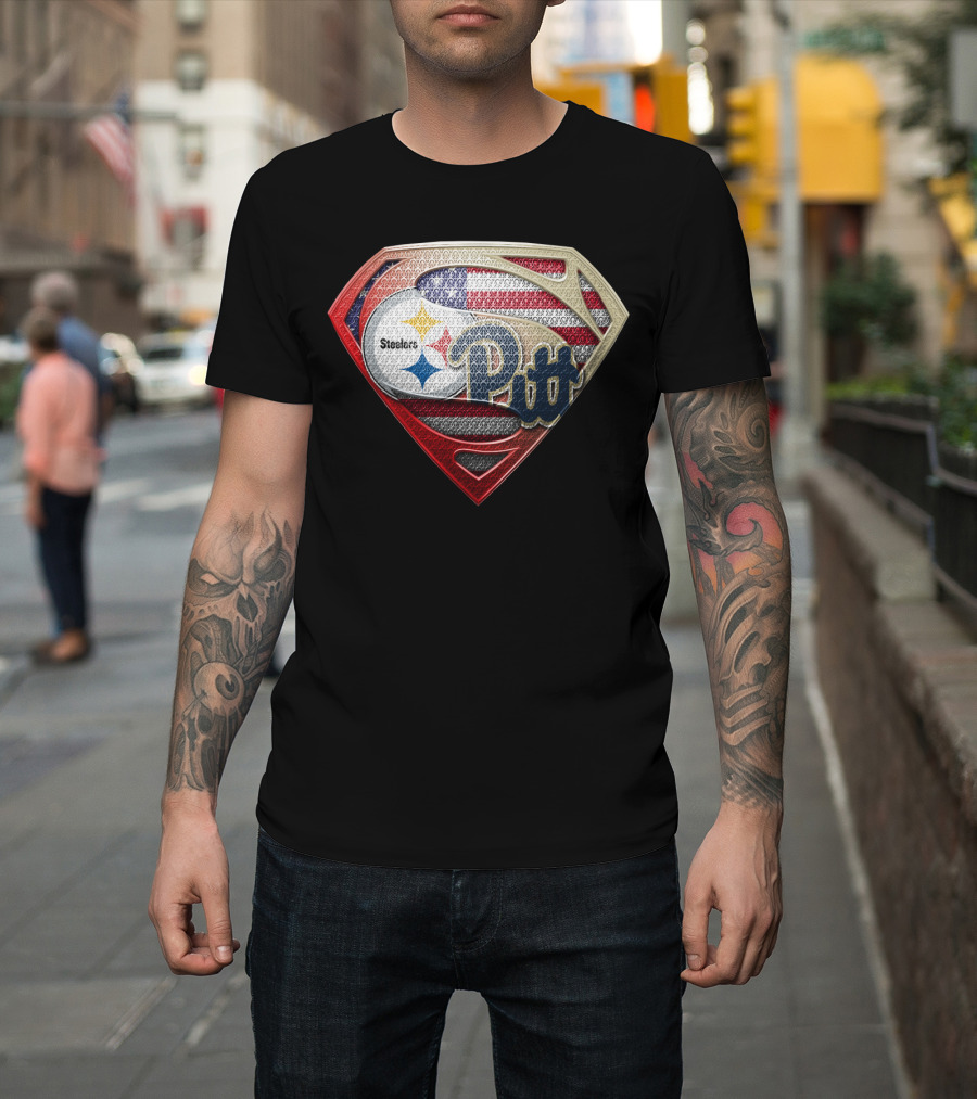 Steelers Pitt Superman Shield American Flag T-Shirt