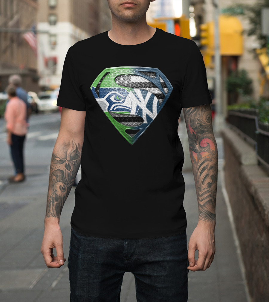 Seattle Seahawks New York Yankees Superman Shield Logo Mashup T-Shirt