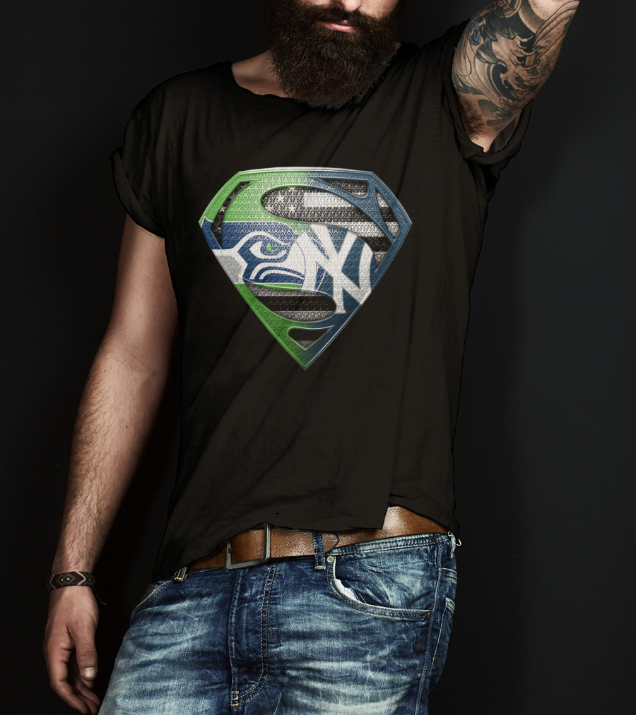Seattle Seahawks New York Yankees Superman Shield Logo Mashup T-Shirt