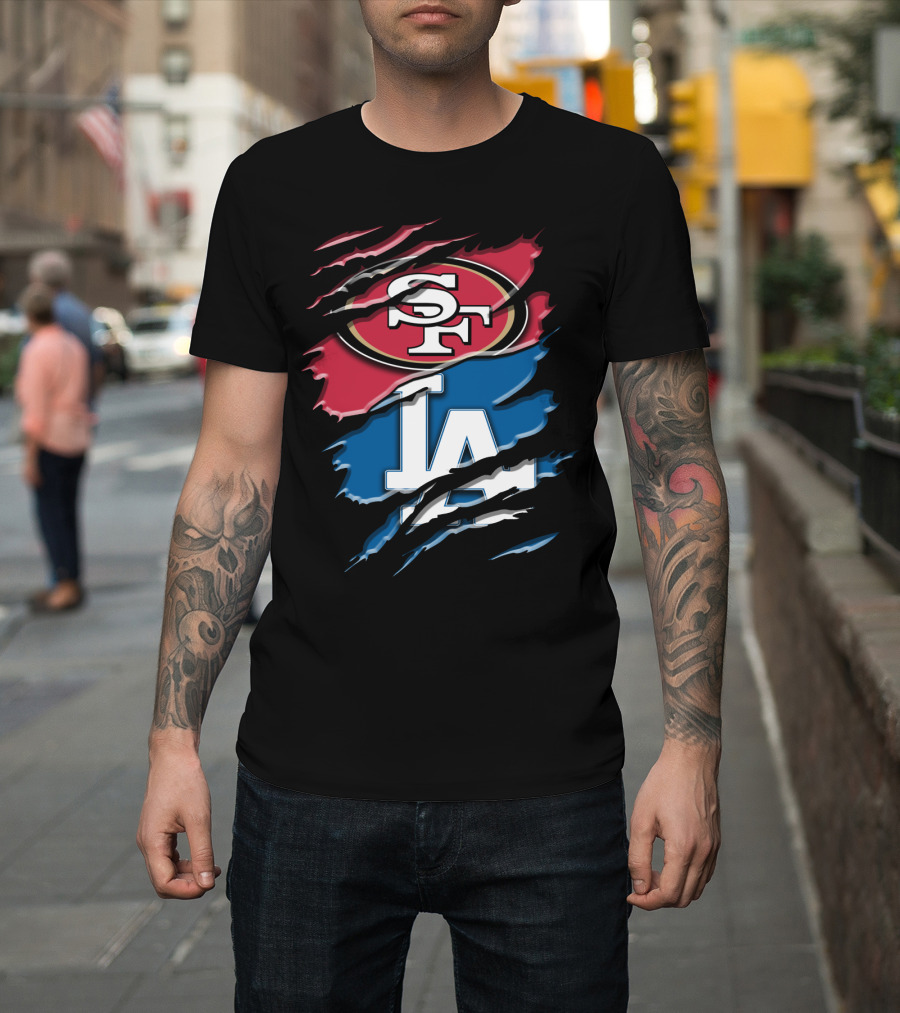 San Francisco 49ers And Los Angeles Dodgers Logo Fusion Rac T-Shirt