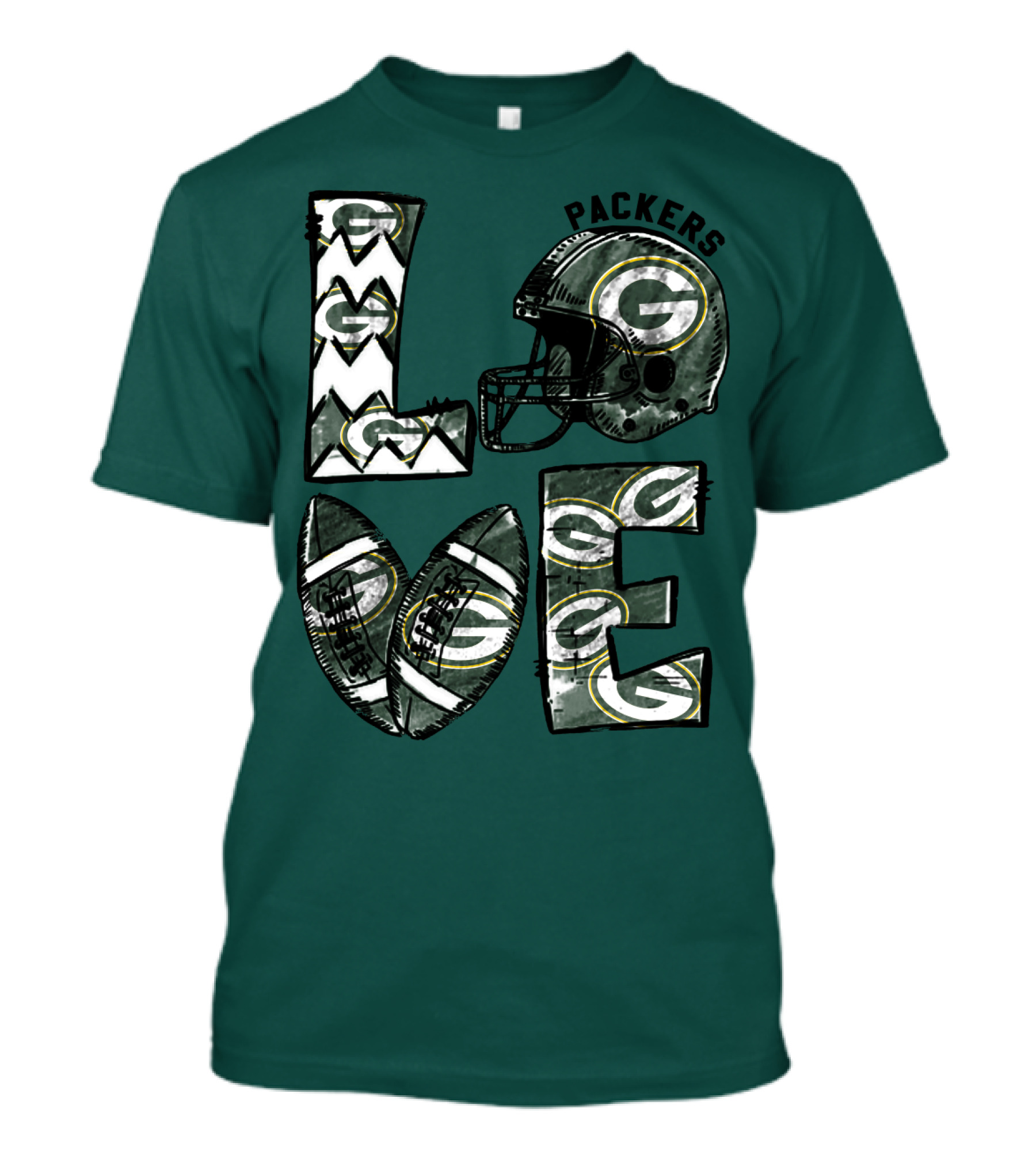 Packers Love Football Helmet And Ball Green Bay Packers T-Shirt