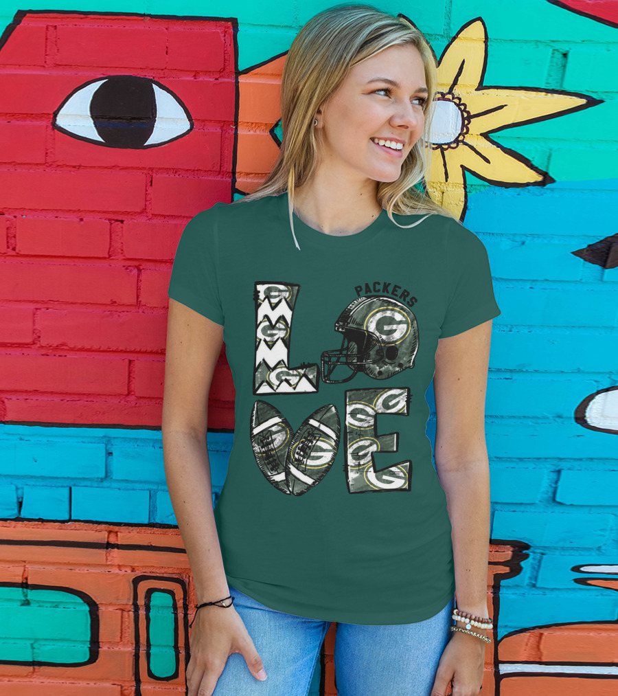 Packers Love Football Helmet And Ball Green Bay Packers T-Shirt