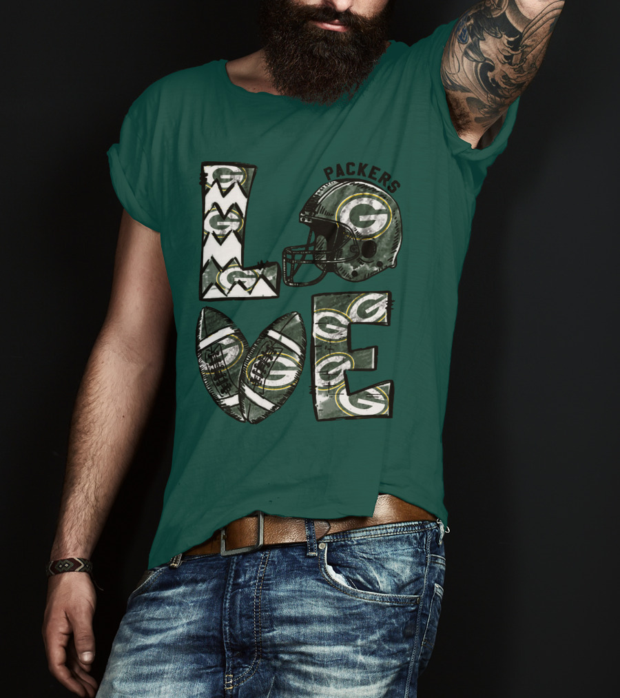 Packers Love Football Helmet And Ball Green Bay Packers T-Shirt