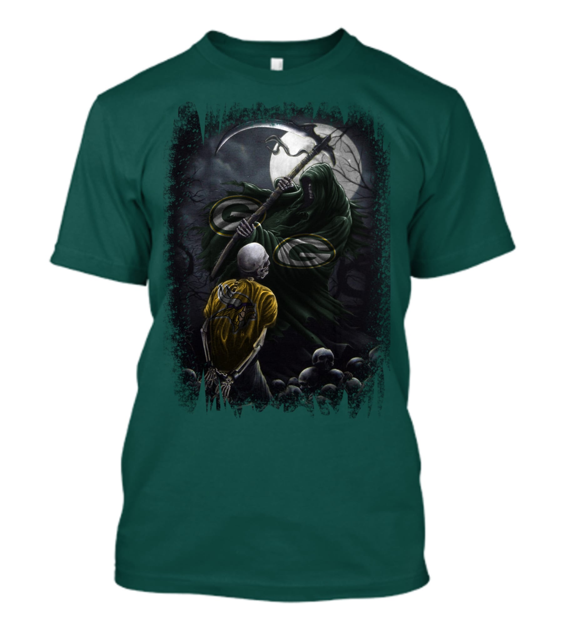 Green Bay Packers Grim Reaper Scene With Skeleton Under Moonlight T-Shirt