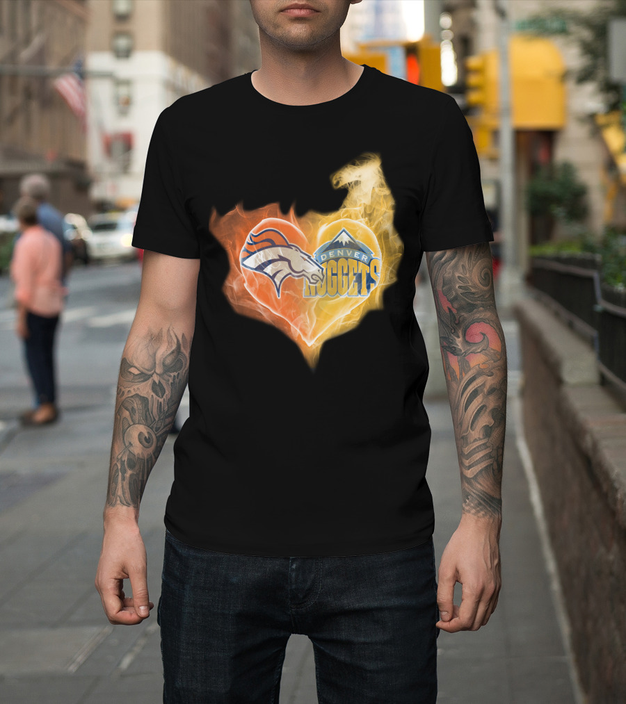 Denver Broncos Denver Nuggets Heart Flame T-Shirt