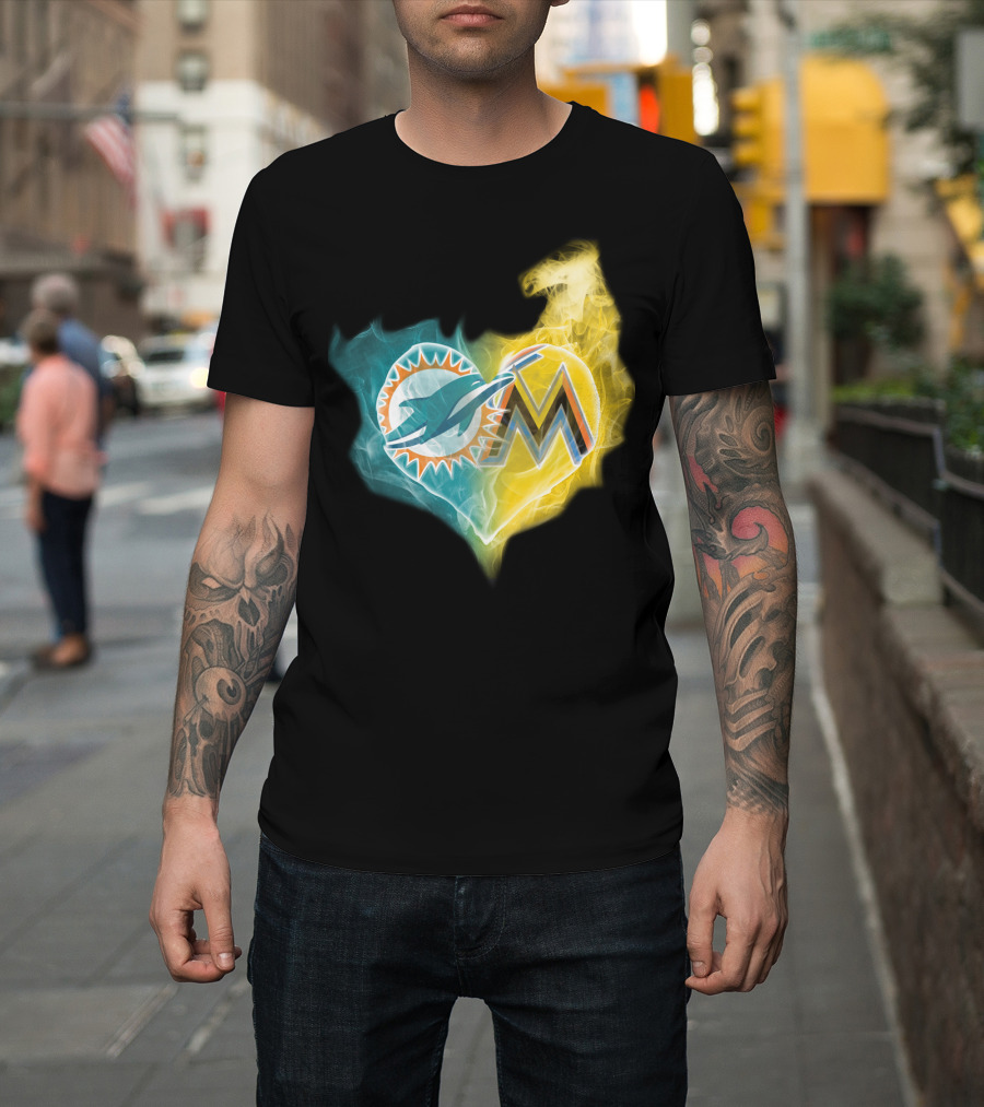 Miami Dolphins Miami Marlins Heart Fusion T-Shirt