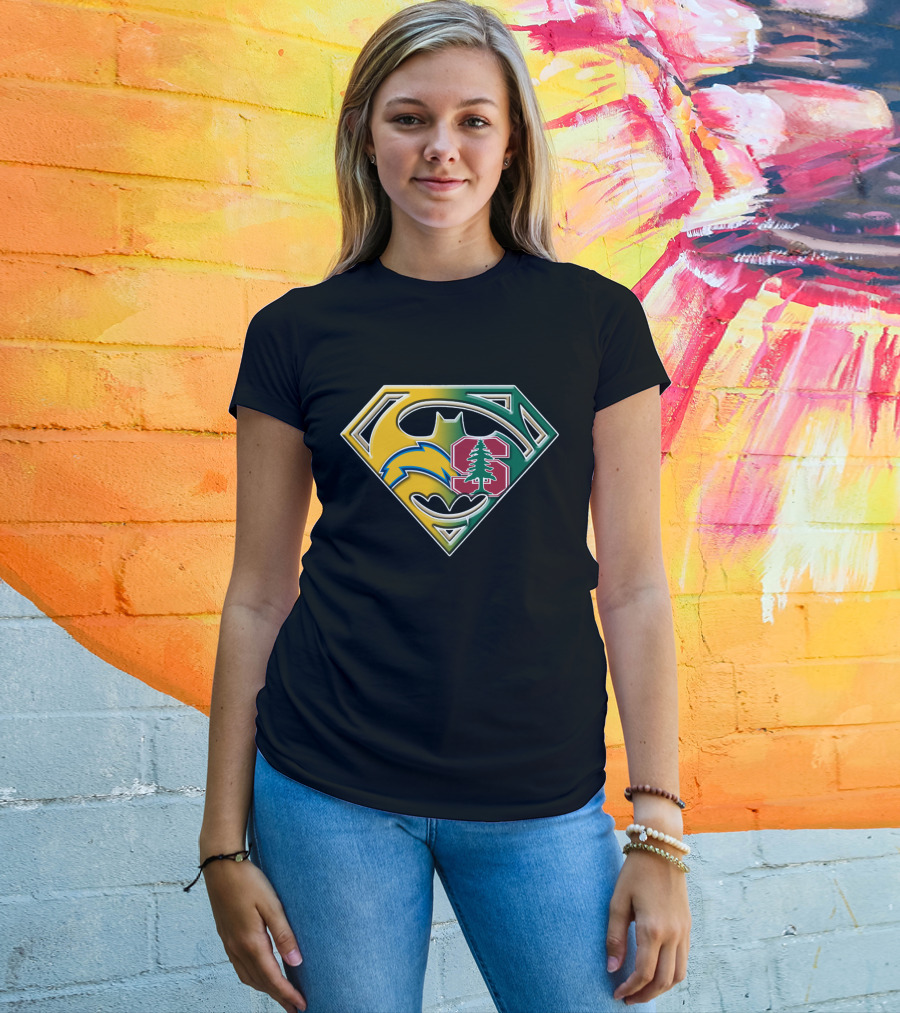 Los Angeles Chargers And Stanford Cardinal Bat Superman Logo Fusion T-Shirt