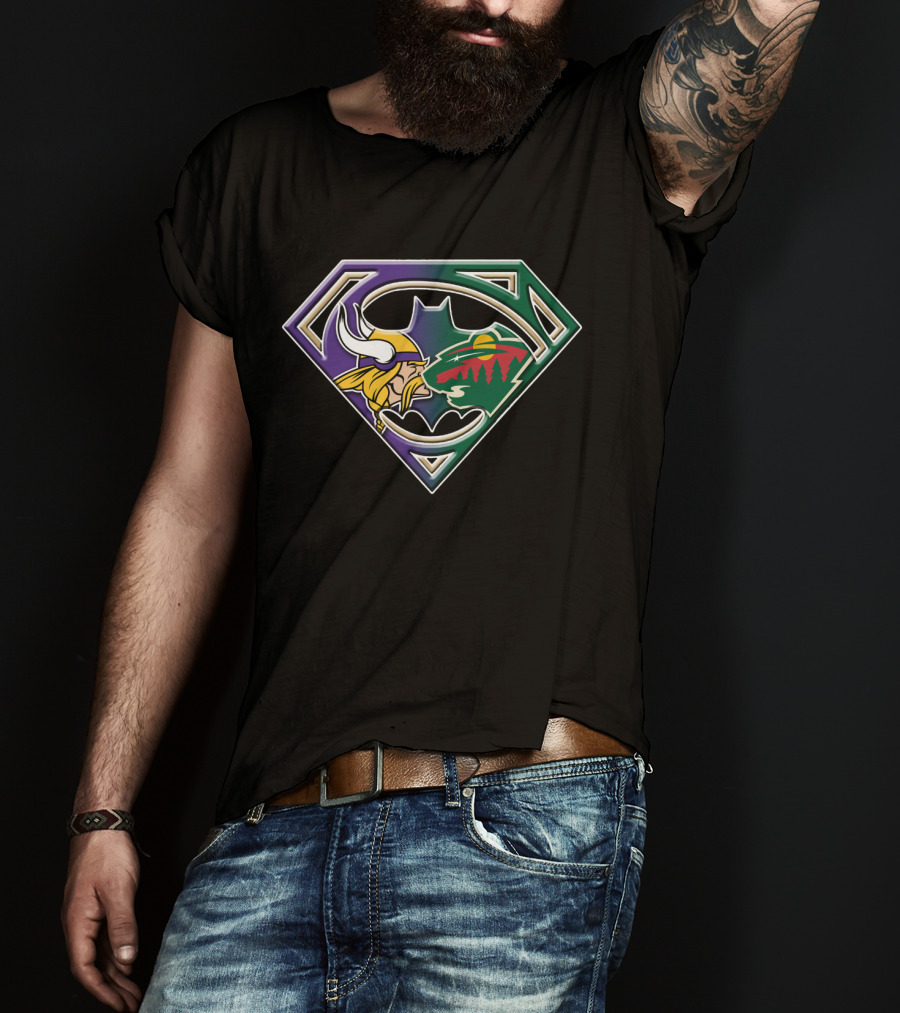 Batman Superman Minnesota Vikings And Wild Logo Fusion T-Shirt