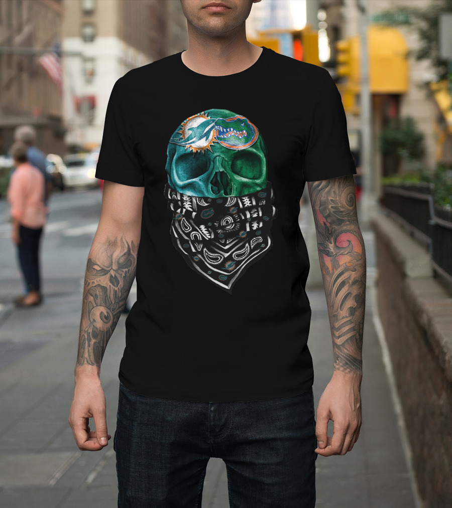 Miami Dolphins And Florida Gators Skull Bandana T-Shirt