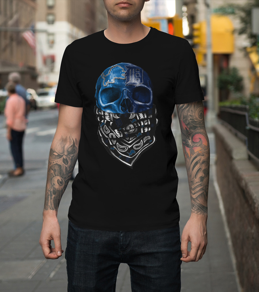 Detroit Lions And Tigers Skull Bandana Blue T-Shirt