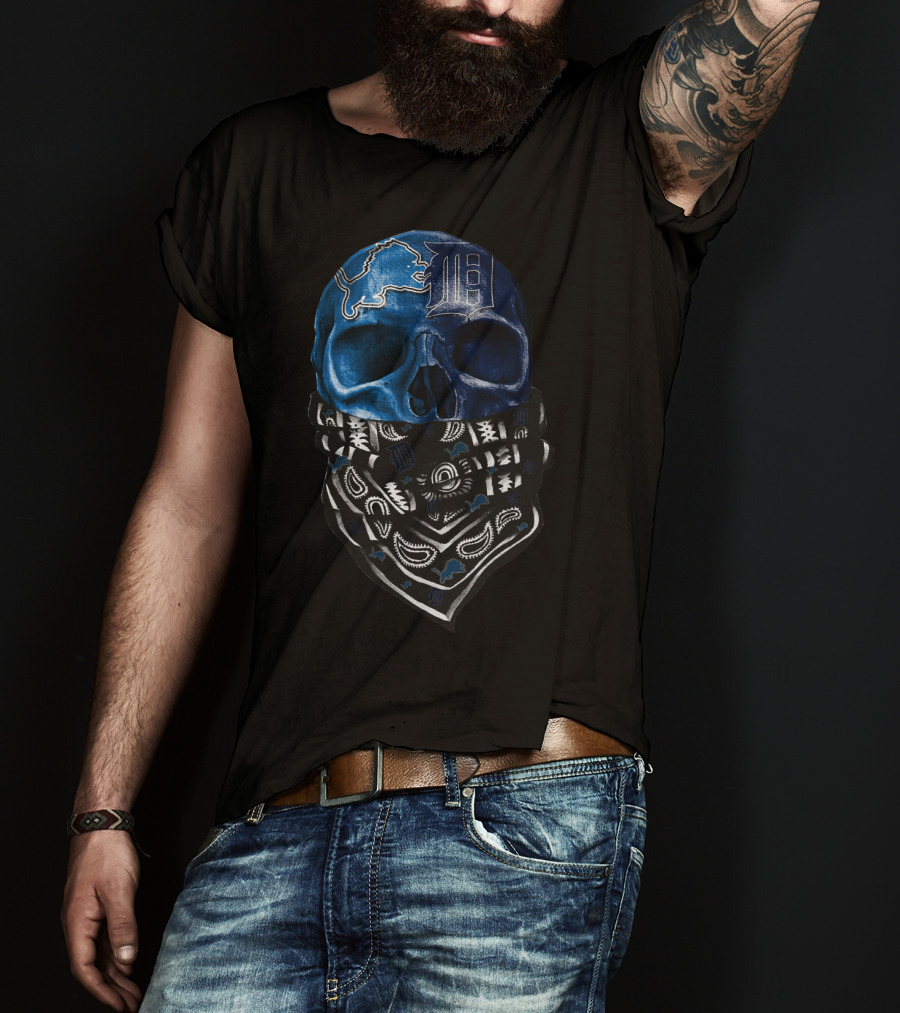 Detroit Lions And Tigers Skull Bandana Blue T-Shirt