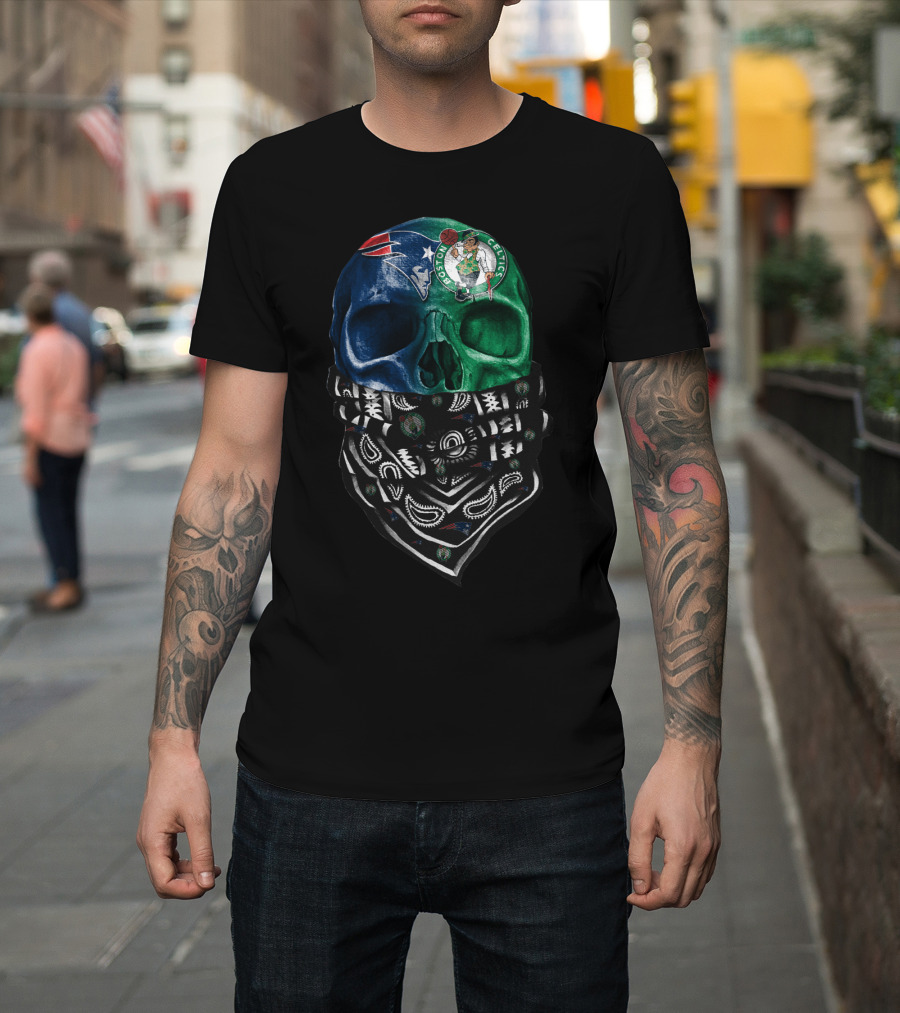 New England Patriots Boston Celtics Skull Bandana T-Shirt