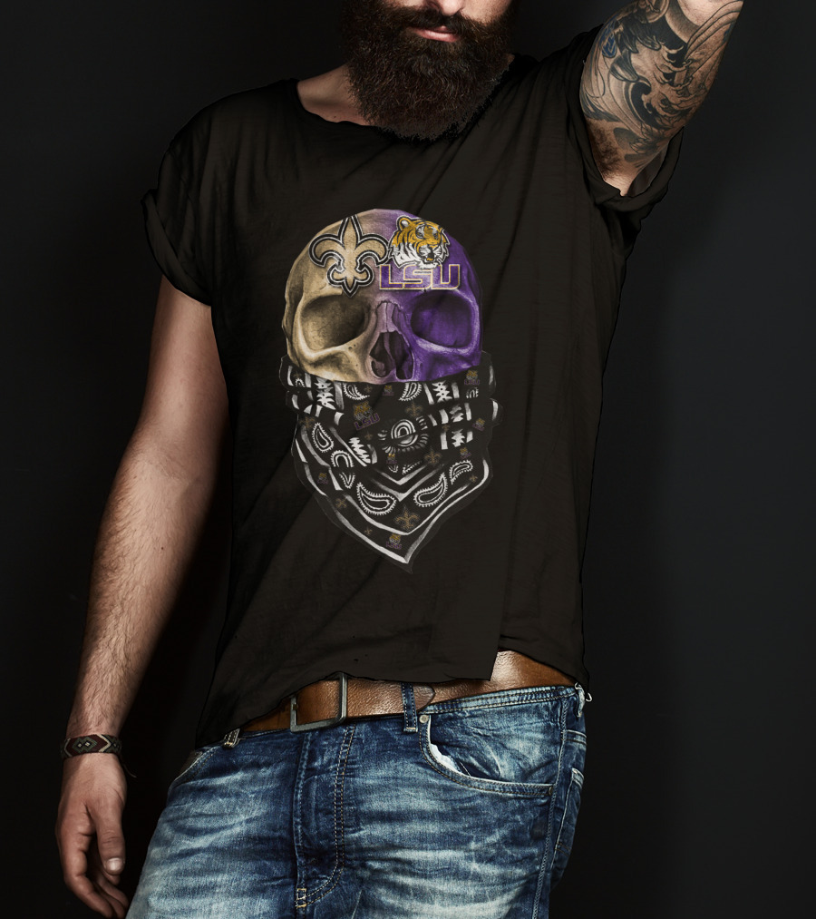 Lsu Tigers Skull With New Orleans Saints Logo Bandana T-Shirt