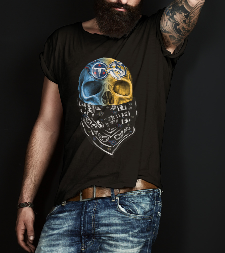 Tennessee Titans Nashville Predators Dual Skull Bandana T-Shirt