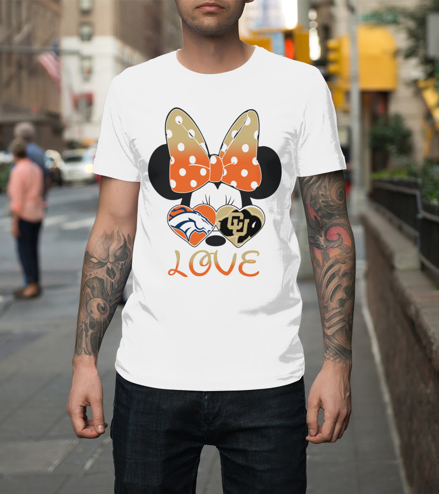Love Minnie Mouse Orange Bow Denver Broncos University Of Colorado Buffaloes Hearts T-Shirt