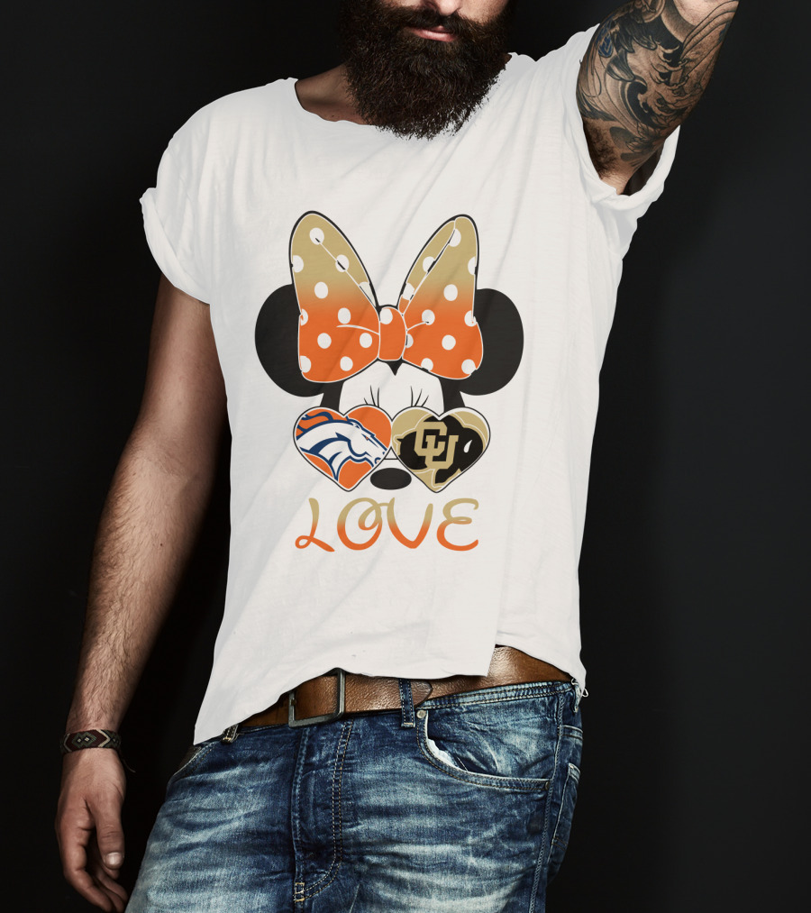 Love Minnie Mouse Orange Bow Denver Broncos University Of Colorado Buffaloes Hearts T-Shirt