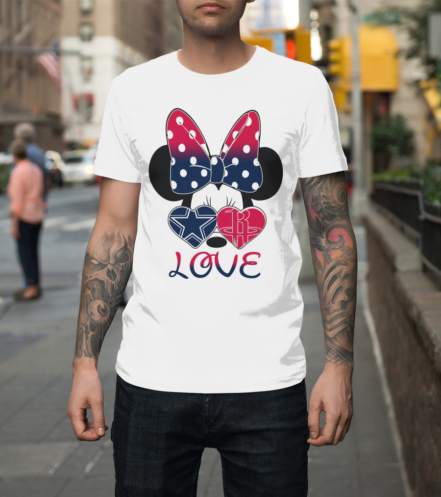 Love Minnie Bow Dallas Cowboys Houston Rockets Hearts T-Shirt