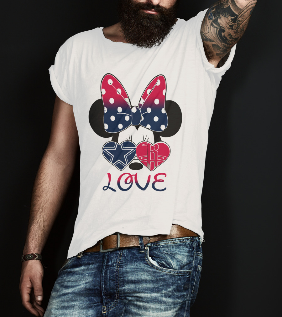 Love Minnie Bow Dallas Cowboys Houston Rockets Hearts T-Shirt