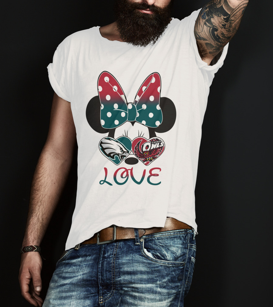 Minnie Mouse Bow Love Philadelphia Eagles Temple Owls Hearts T-Shirt