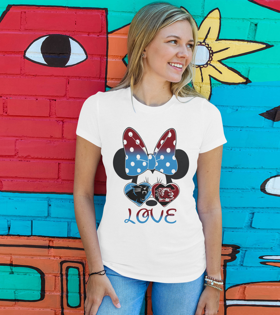 Love Carolina Panthers South Carolina Gamecocks Minnie Bow Hearts T-Shirt