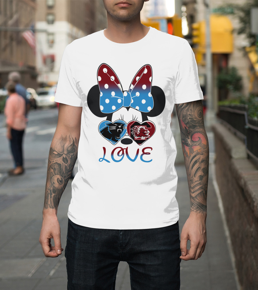 Love Carolina Panthers South Carolina Gamecocks Minnie Bow Hearts T-Shirt
