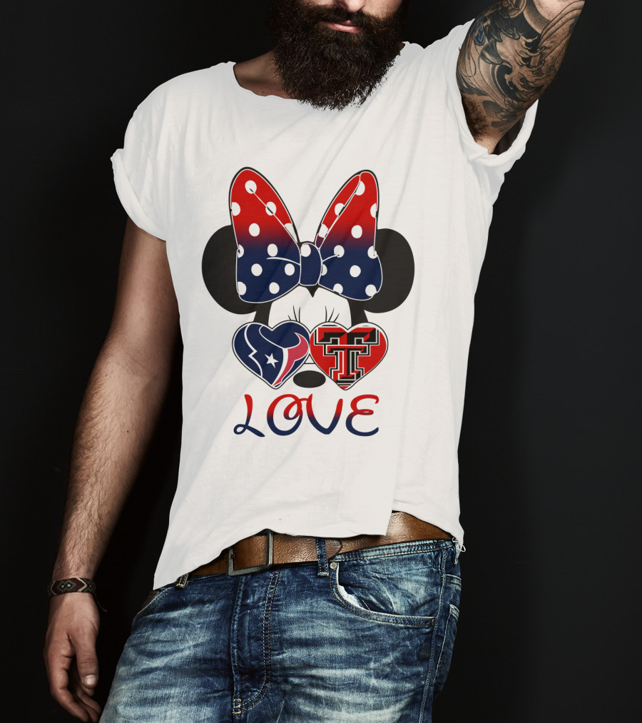Minnie Mouse Love Texans And Texas Tech Hearts Bow T-Shirt