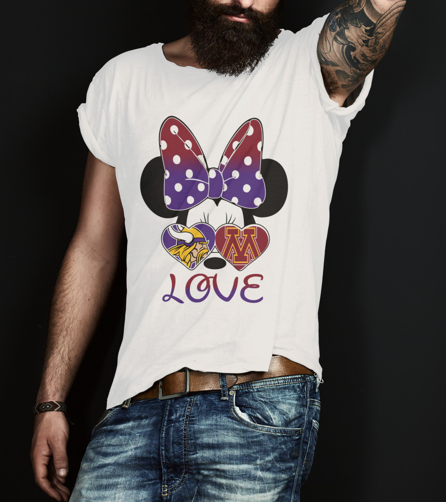 Minnie Mouse Bow Love Vikings Minnesota U Logo Hearts T-Shirt