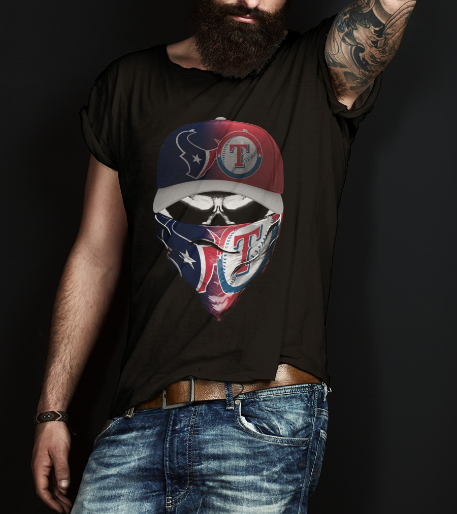 Houston Texans And Texas Rangers Skull Bandana Hat Dual Theme T-Shirt