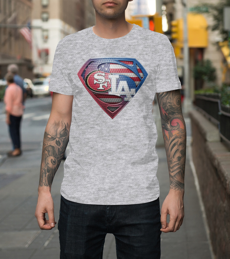 Sf La Superman Shield American Flag Hintergrund T-Shirt
