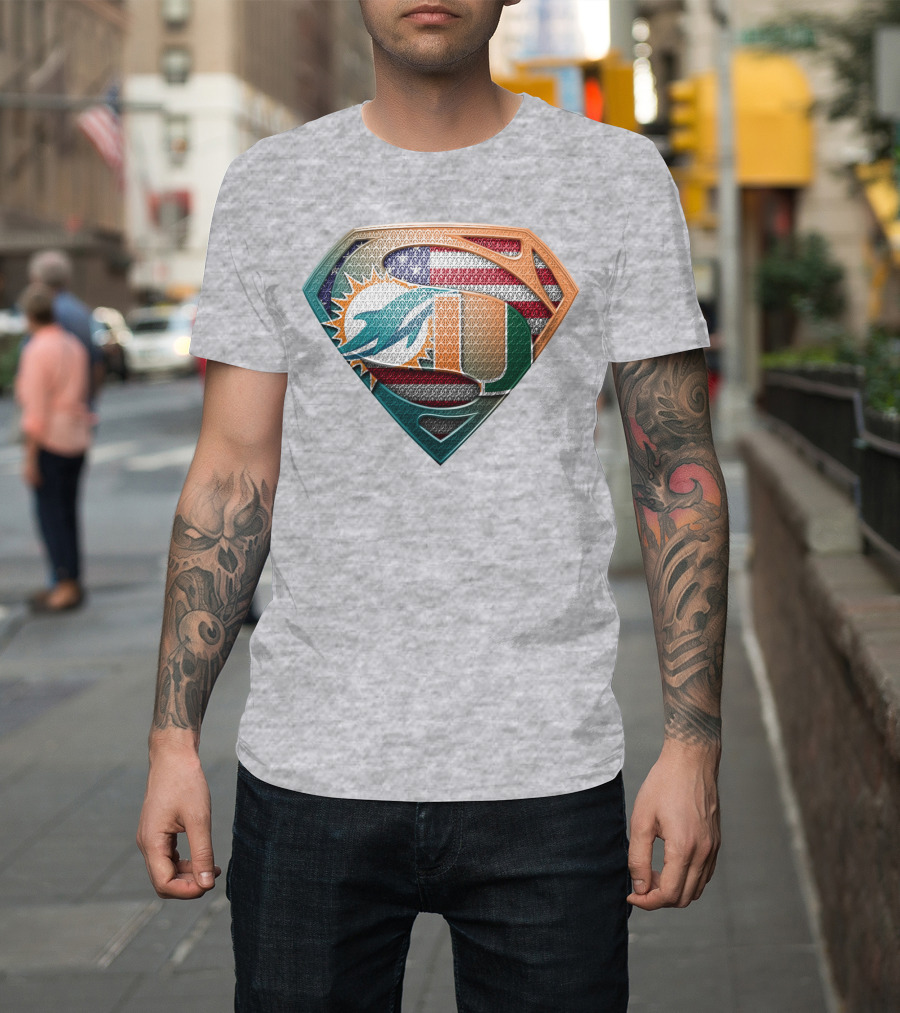 Miami Dolphins University Of Miami Superman Logo With American Flag T-Shirt