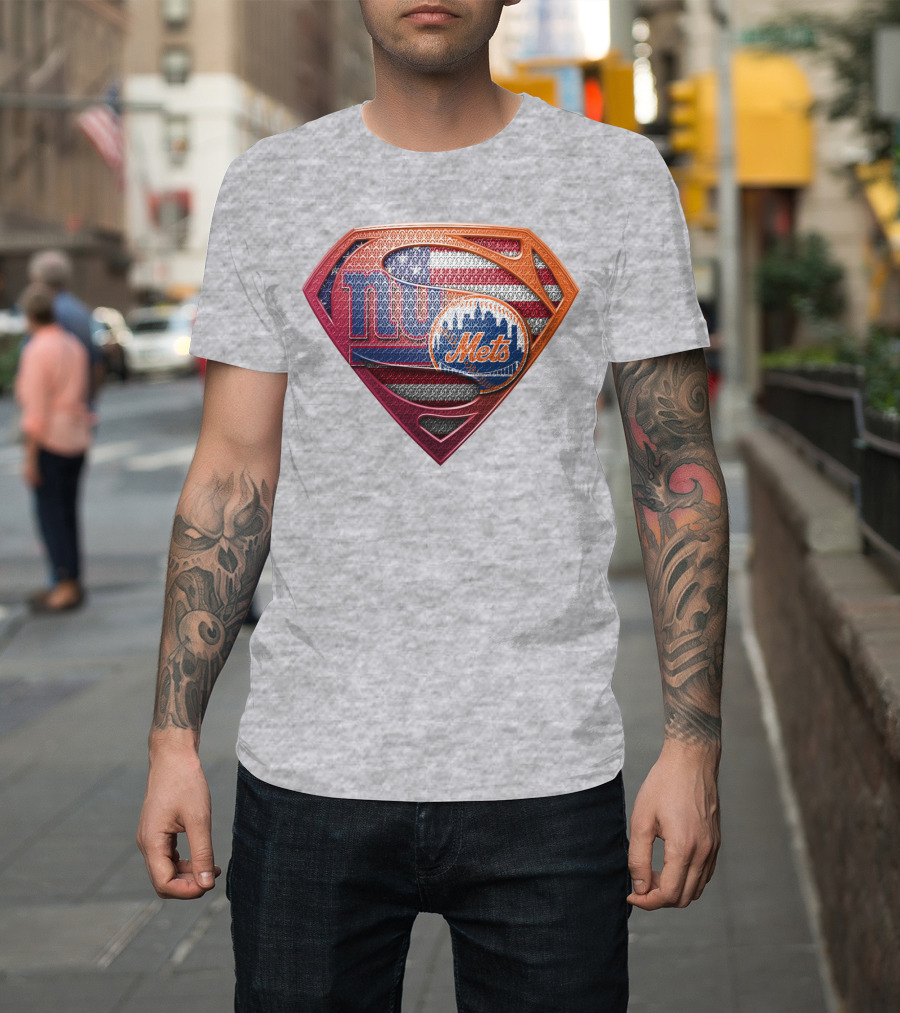 Giants Mets Superman Logo American Flag T-Shirt