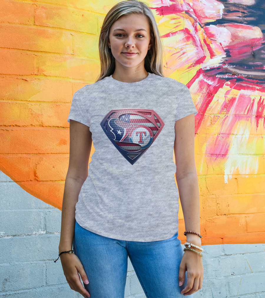 Superman Shield Houston Texans And Texas Rangers American Flag T-Shirt