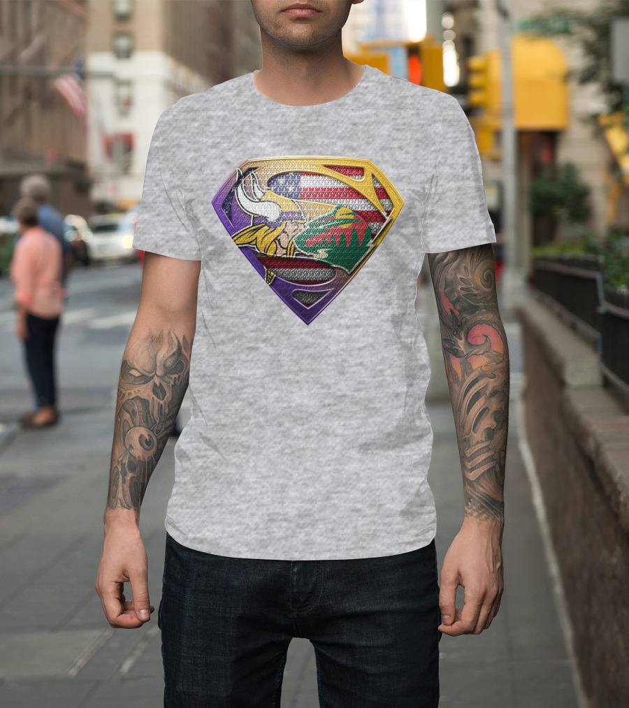 Superman Shield Minnesota Vikings Wild Usa Flag Combination T-Shirt