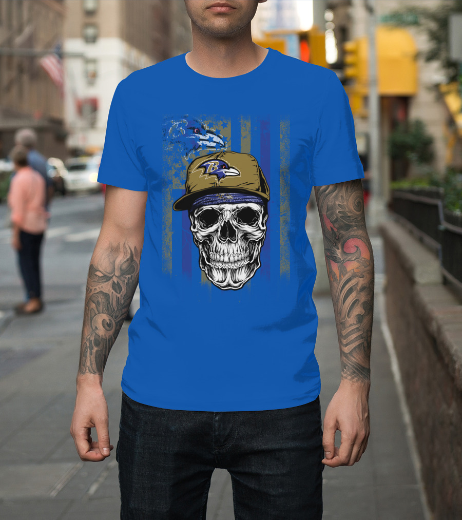 Baltimore Ravens Skull With Hat And Stylized Flag Elements T-Shirt