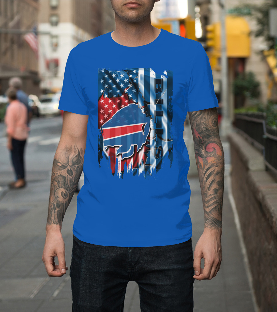 Buffalo Bills American Flag Collage With Team Logo And Bold Vertical T-Shirt