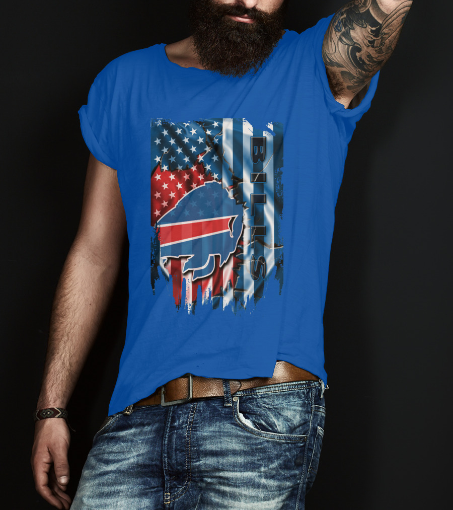 Buffalo Bills American Flag Collage With Team Logo And Bold Vertical T-Shirt